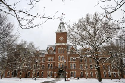 University Hall in the winter with snow on the ground